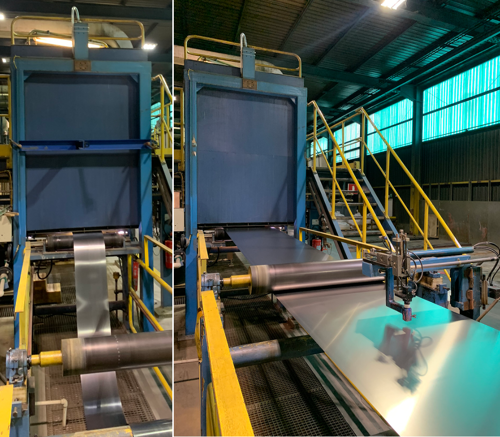 transport of steel strip to be inspected for holes by machine vision system 